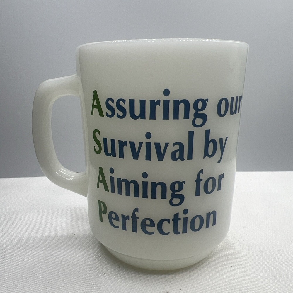 Vtg Anchor Hocking Mug Cup Milk Glass Asap Assuring Survival Perfection 20 301 - Picture 1 of 5